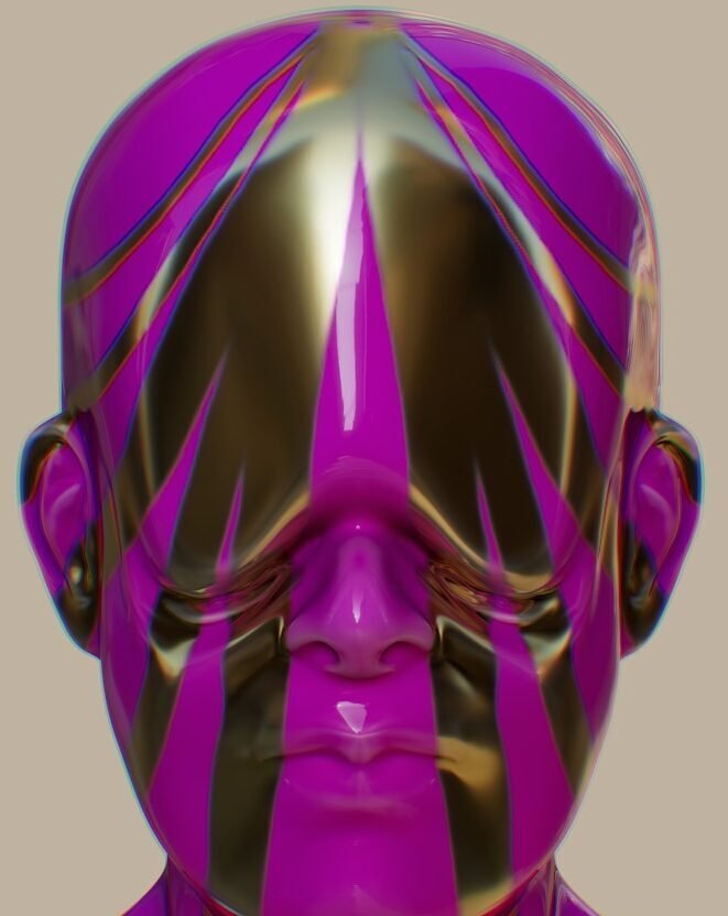 a close up of a person wearing a purple and gold mask